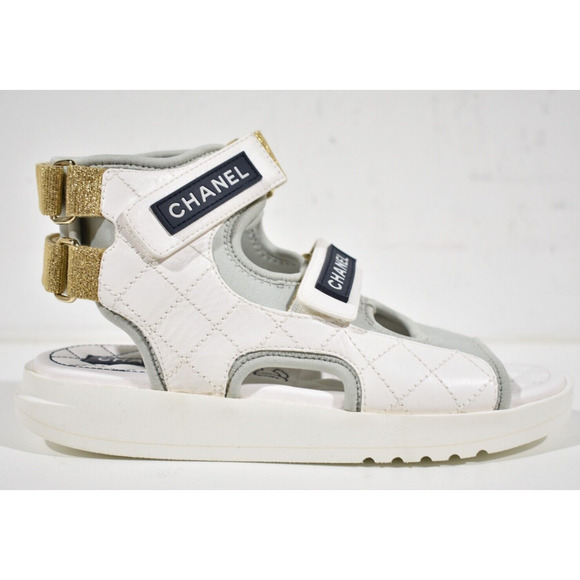 Chanel 21P White Grey Cocomark CC Logo Mule Slide Flat Teva Dad Sport Sandal 36 - Picture 2 of 12